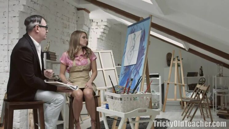 Naughty teacher takes cumshot from student's daddy