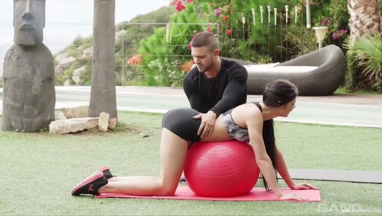 [BANG.com] - Brunette babe takes two dicks outdoors - exercise ball ride - Miranda Mills - Giaoni Whiley - Kayla West - Missy Maze - Andrea Sky - Savannah Snow